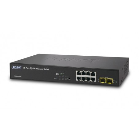 10-port janeaged switch 8 x 10/100/1000Mbit RJ45. Fiber 2 x 100/1000Mbit SFP