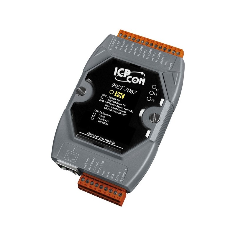 8 x Power relä COM NO, 24VDC / 250VAC 5A, 1 x RJ45 Ethernet Modbus