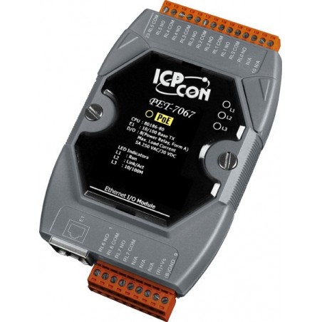 8 x Power relä COM NO, 24VDC / 250VAC 5A, 1 x RJ45 Ethernet Modbus