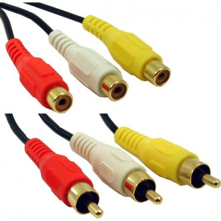 Ljud- och videokabel - 3x RCA Han och 3x RCA hona (röd, gul och vit)