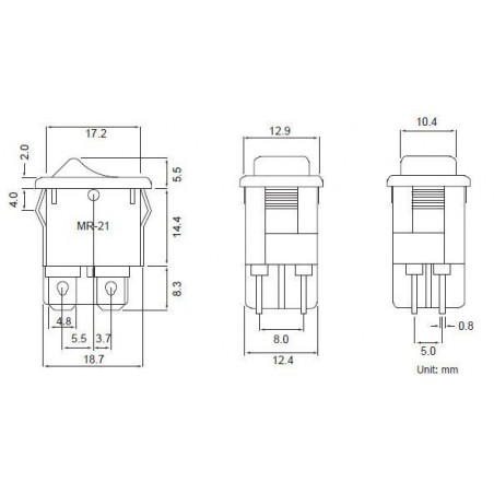 4-polig vippknappen 13 x 19mm / FRÅN 250VAC 6A AT omkopplare