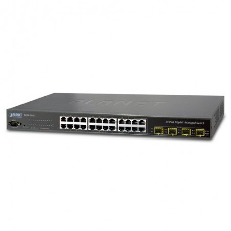 24 port janeaged switch 20 x 10/100/1000Mbit RJ45. Fiber 4 x 100/1000Mbit SFP