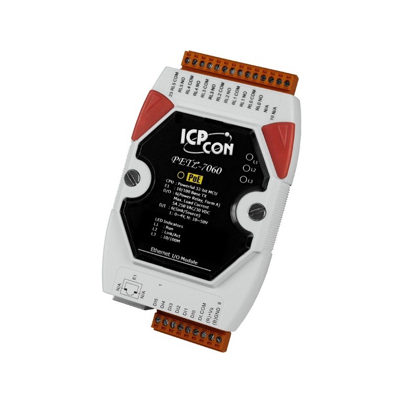 ICPDAS PETL-7060 är en Modbus-modul med 6 kraftfulla reläer, 6 digital ingång över Ethernet TCP/IP som levereras från PoE