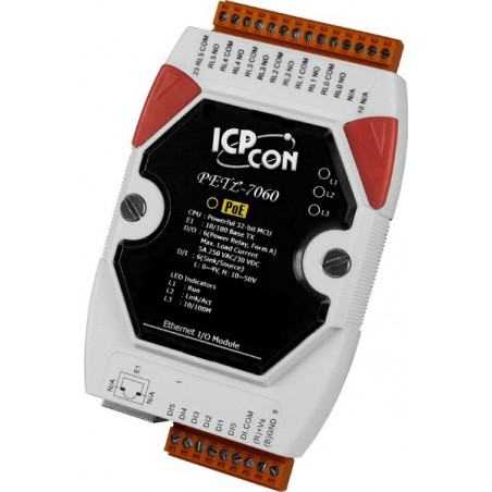 ICPDAS PETL-7060 är en Modbus-modul med 6 kraftfulla reläer, 6 digital ingång över Ethernet TCP/IP som levereras från PoE