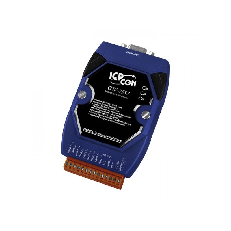ICPDAS GW-7557 er en Profibus master (RS232) til 4 port HART slave Gateway konverter.