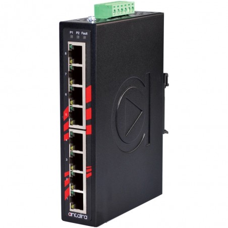 8 ports Industriel 10/100/1000Mbit switch, DIN-beslag, -10 - +70°C, 12 - 48VDC