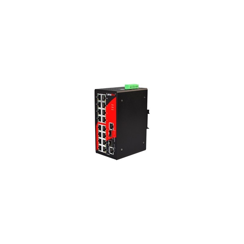 16 ports Industriel 10/100Mbit + 2 x 100/1000Mbit SFP slot switch, DIN-beslag, -40 - +80°C, 12 - 48VDC