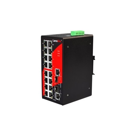 16 ports Industriel 10/100Mbit + 2 x 100/1000Mbit SFP slot switch, DIN-beslag, -40 - +80°C, 12 - 48VDC